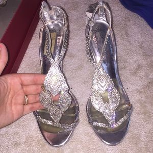 Silver formal heels with crystal style beading